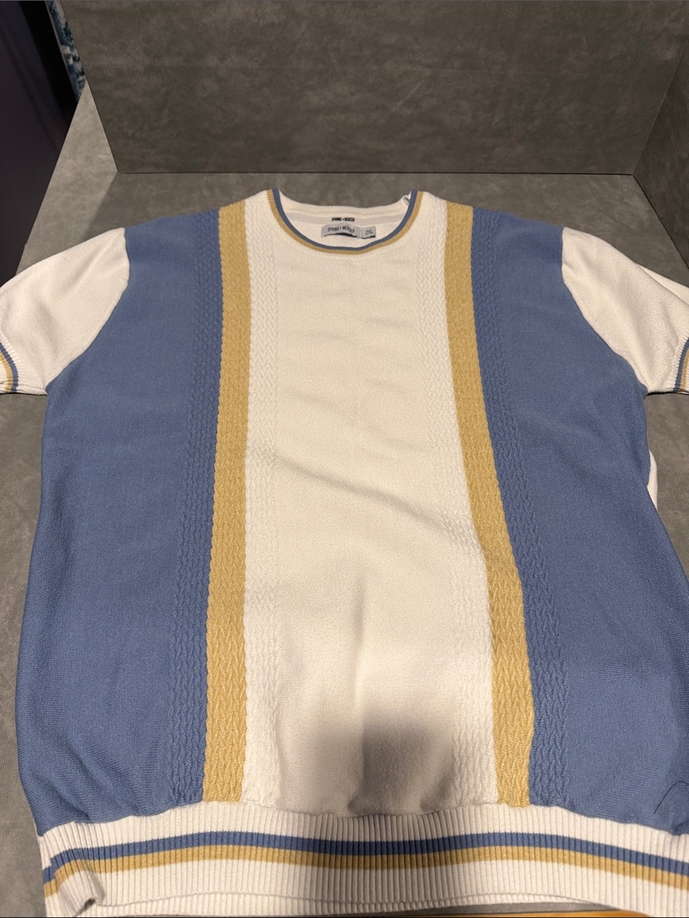 Men's Crewneck Short-Sleeve Sweater in White, Blue & Gold Stripe